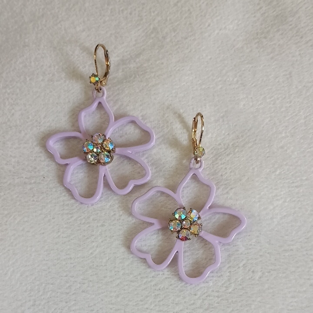 Betsey Johnson Lavender Flower Drop Earrings with Aurora Crystal Centers